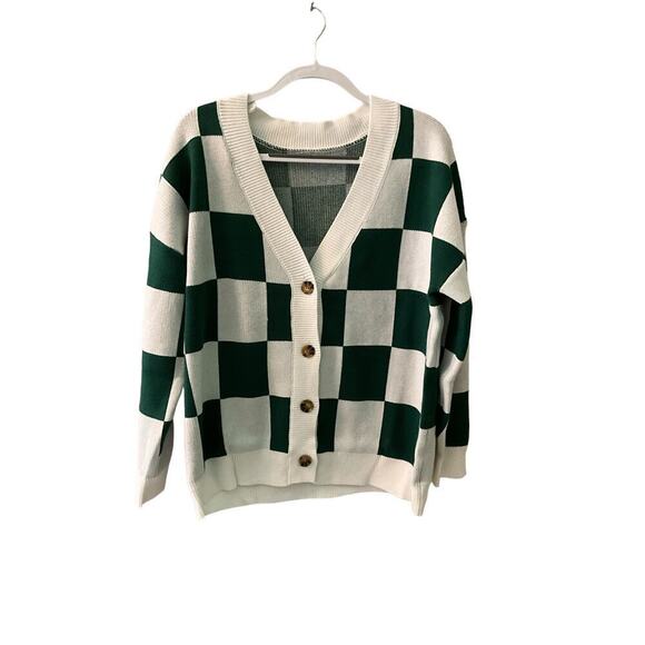 Women's L Cardigan Sweater White/Green Checkered Dropped Shoulder Button-Detail - Picture 1 of 5